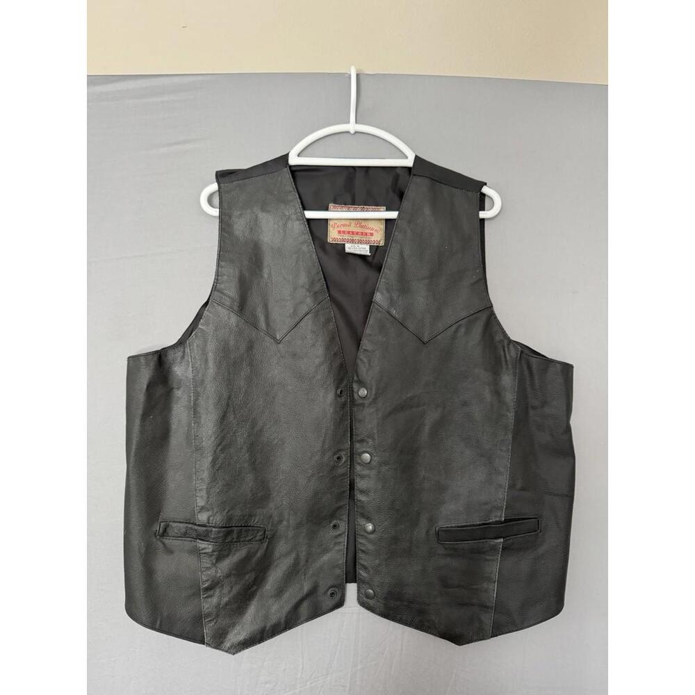 Vintage Permit Platinum Black Leather Vest Men's XL Moto Biker Snap Y2K VTG